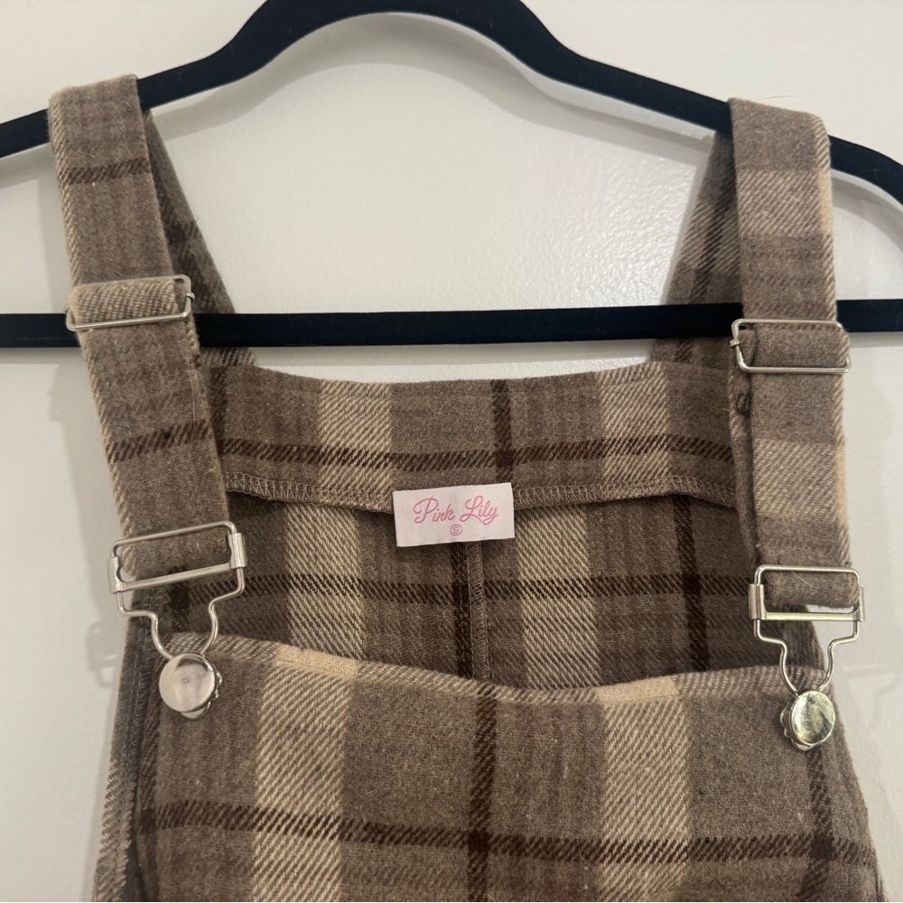 Pink Lily Plaid Pinafore Overall Mini Dress Size Small - Picture 4 of 6